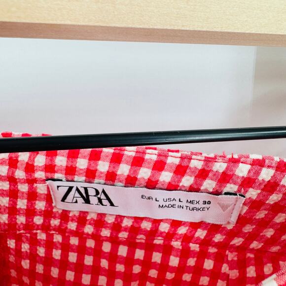 Zara Red White Gingham Midi Skirt Side Slit Mid Rise Ruched Size L Large - Picture 4 of 7